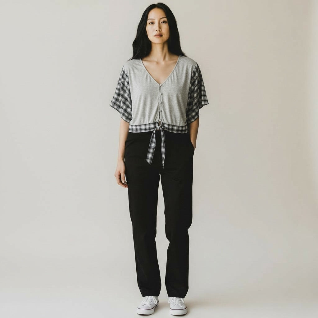 Heather Gray with Black & White Plaid Accents Daytrip Plaid Trim Tie-Front Top, Medium